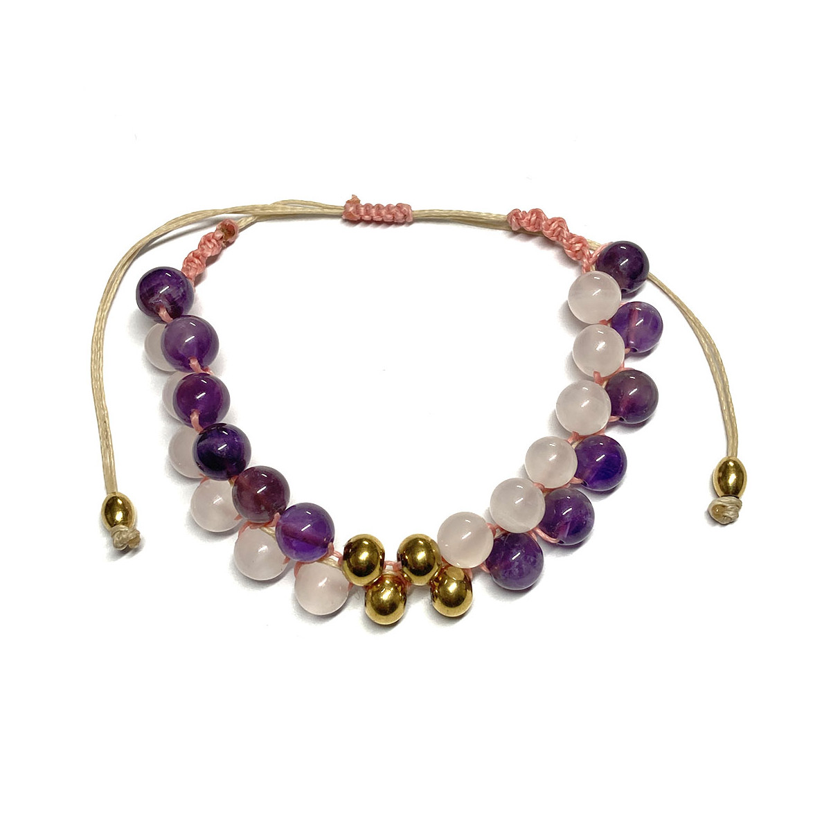 Bracelet Boules Macramé en Améthyste & en Quartz Rose