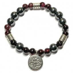 Bracelet Boules en Grenat & Hématite avec un Lotus