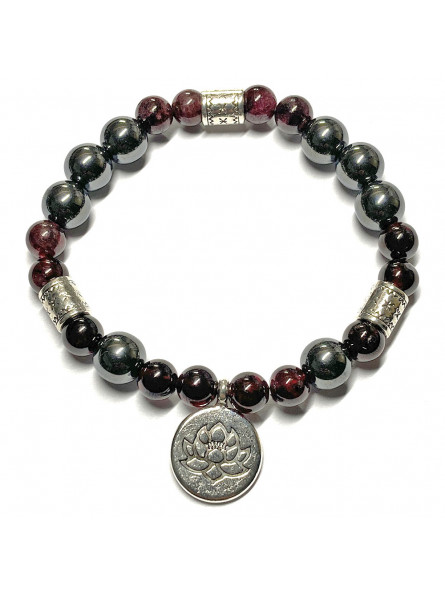 Bracelet Boules en Grenat & Hématite avec un Lotus
