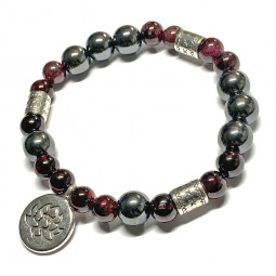Bracelet Boules en Grenat & Hématite avec un Lotus