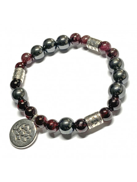 Bracelet Boules en Grenat & Hématite avec un Lotus