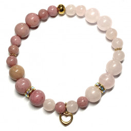Bracelet boules en Rhodonite & en Quartz Rose avec Cœur