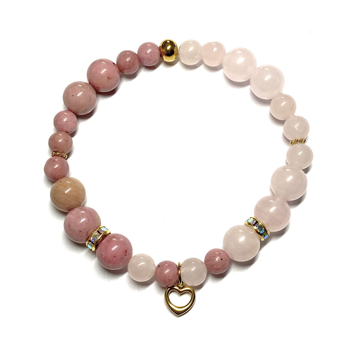 Bracelet boules en Rhodonite & en Quartz Rose avec Cœur