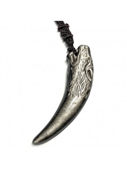 Pendentif Tête de Loup en Obsidienne Argentée
