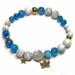 Bracelet en Boules d'Apatite & Howlite avec étoile et lotus dorés