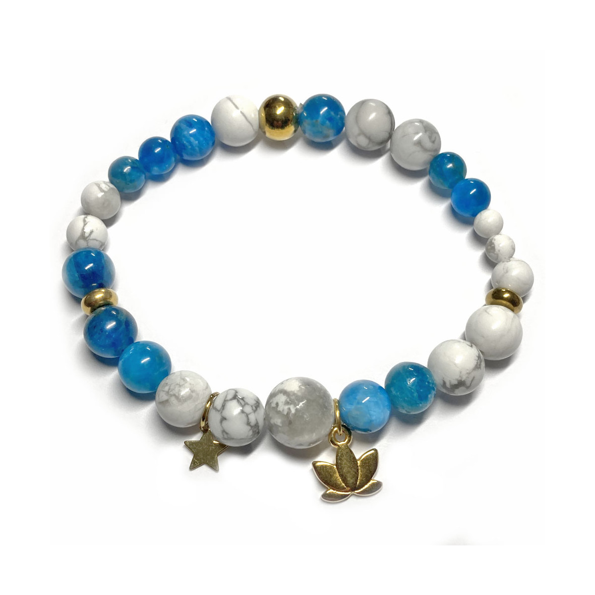 Bracelet en Boules d'Apatite & Howlite avec étoile et lotus dorés