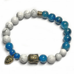 Bracelet Boules Apatite & Howlite avec Bouddha et Cœur bronze