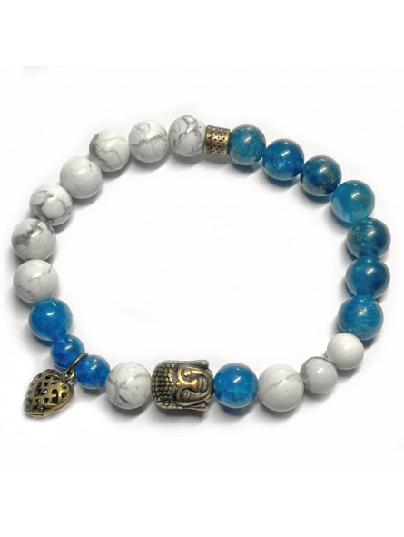Bracelet Boules Apatite & Howlite avec Bouddha et Cœur bronze