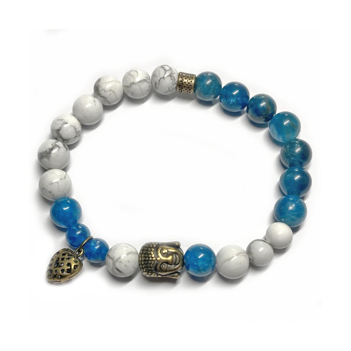 Bracelet Boules Apatite & Howlite avec Bouddha et Cœur bronze
