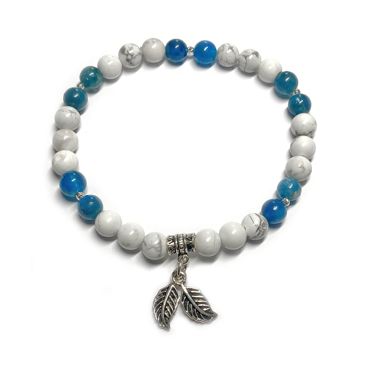 Bracelet Boules Apatite & Howlite avec feuilles en Argent