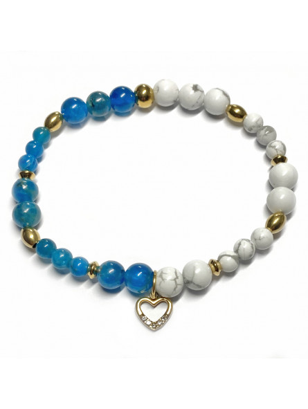 Bracelet en Boules d'Apatite & Howlite avec cœur doré