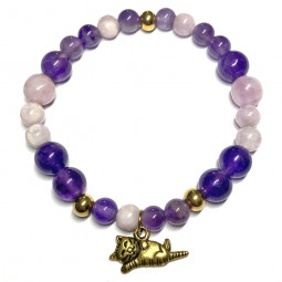 Bracelet Boules en Kunzite, Améthyste & Chat doré