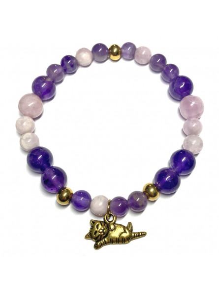 Bracelet Boules en Kunzite, Améthyste & Chat doré