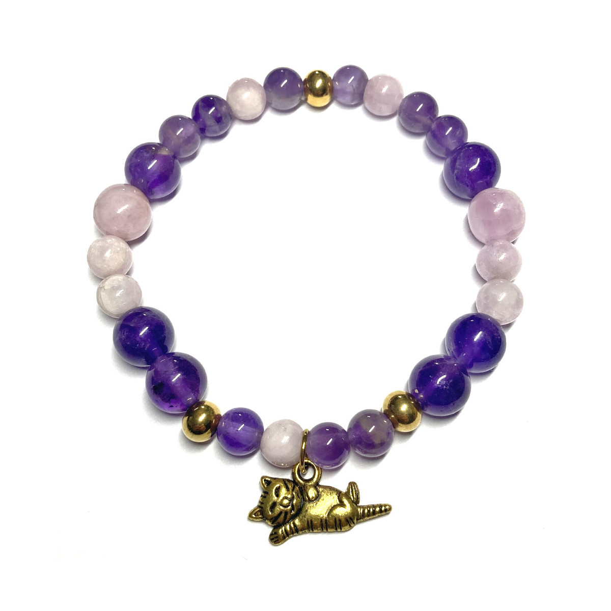 Bracelet Boules en Kunzite, Améthyste & Chat doré