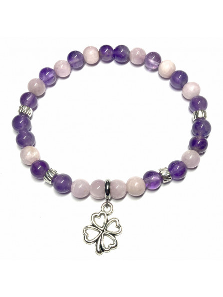 Bracelet Boules en Kunzite, Améthyste & Trèfle