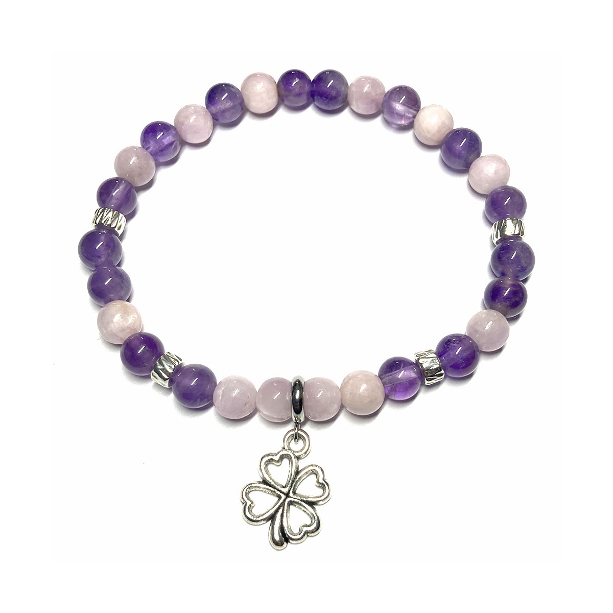 Bracelet Boules en Kunzite, Améthyste & Trèfle