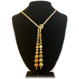 Collier micro macramé en boules de Unakite & Bois Fossile