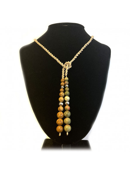 Collier micro macramé en boules de Unakite & Bois Fossile