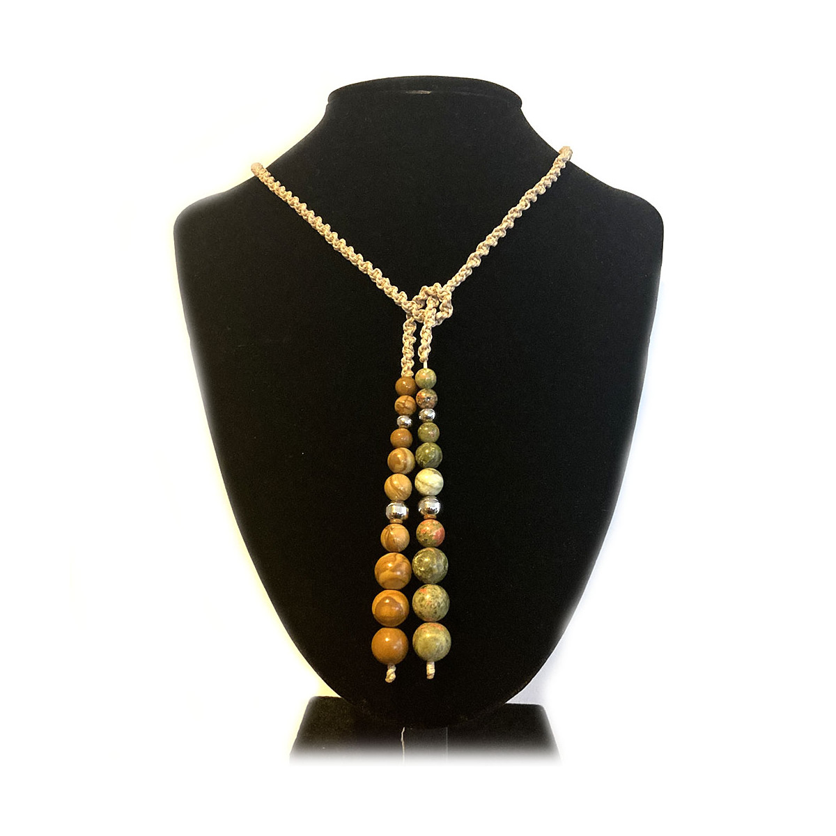 Collier micro macramé en boules de Unakite & Bois Fossile