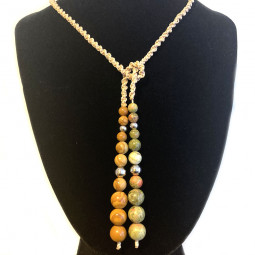 Collier micro macramé en boules de Unakite & Bois Fossile