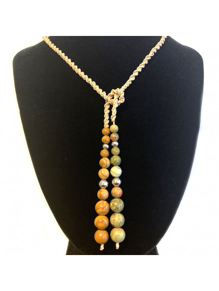 Collier micro macramé en boules de Unakite & Bois Fossile
