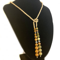 Collier micro macramé en boules de Unakite & Bois Fossile