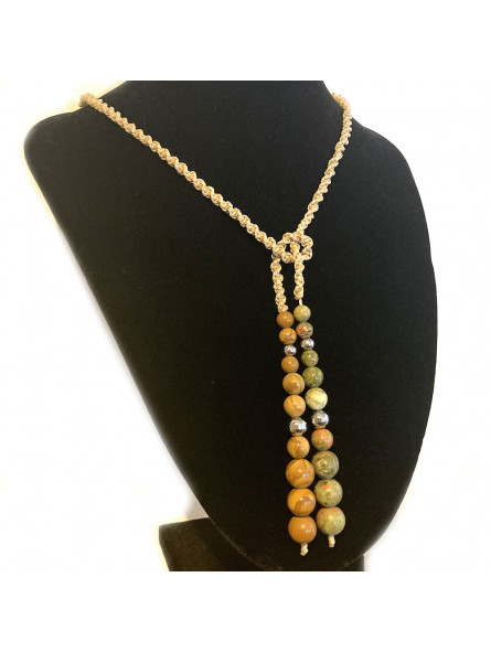 Collier micro macramé en boules de Unakite & Bois Fossile