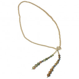 Collier micro macramé en boules de Unakite & Bois Fossile
