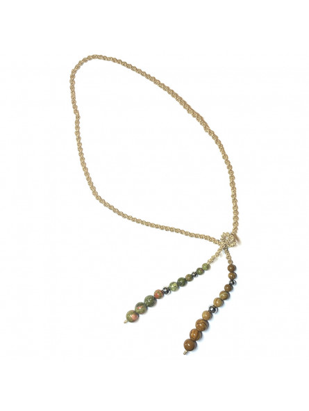 Collier micro macramé en boules de Unakite & Bois Fossile