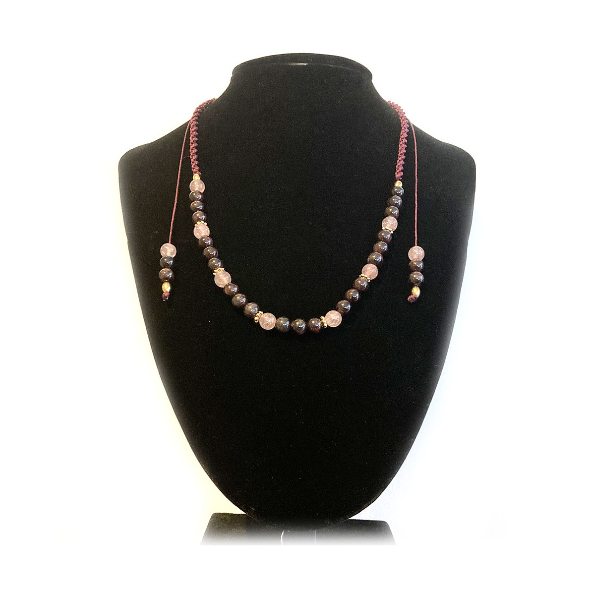 Collier micro macramé en Quartz Hématoïde & Grenat