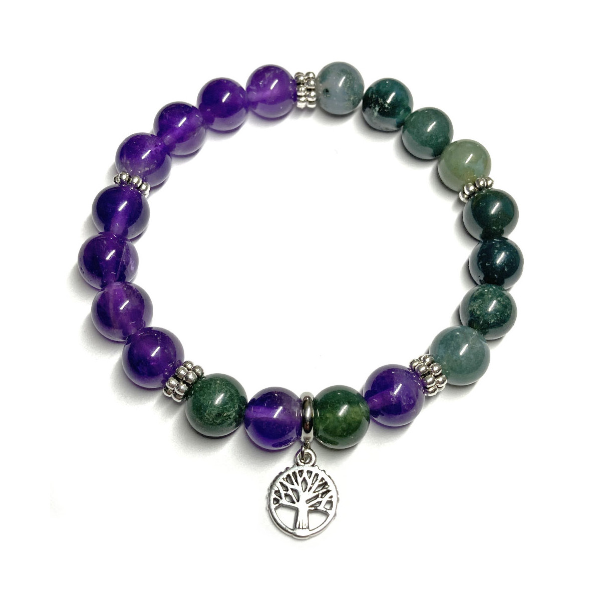Bracelet Boules en Améthyste, Agate Mousse & Arbre de vie