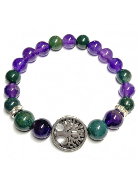 Bracelet Boules Création en Améthyste, Agate Mousse & Arbre de vie
