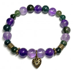 Bracelet Boules en Améthyste, Agate Mousse & Cœur bronze