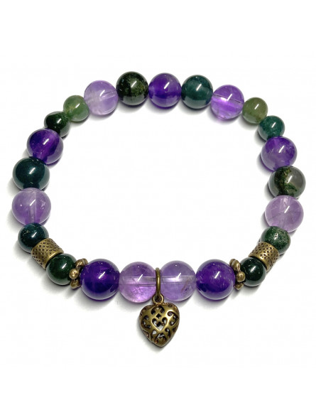 Bracelet Boules en Améthyste, Agate Mousse & Cœur bronze