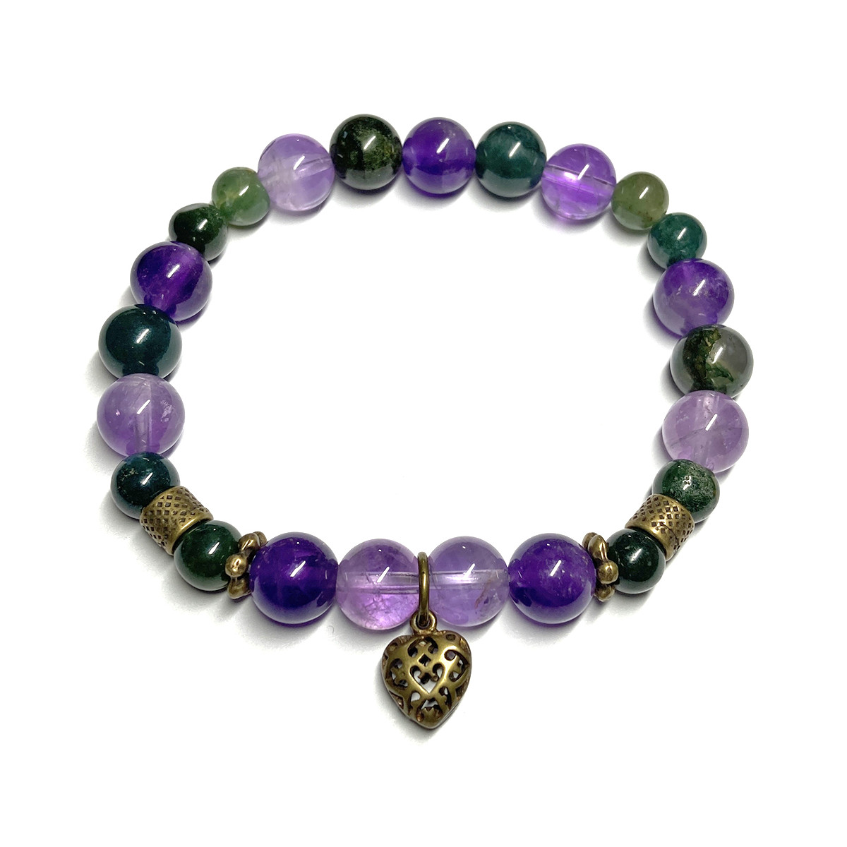 Bracelet Boules en Améthyste, Agate Mousse & Cœur bronze