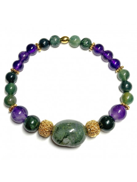 Bracelet Boules Création en Améthyste, Agate Mousse & doré