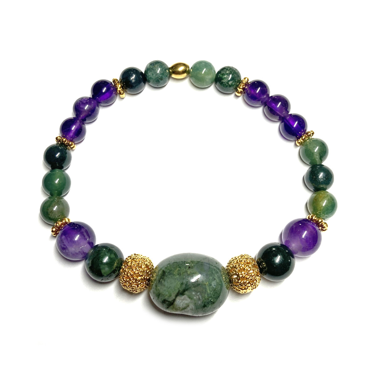 Bracelet Boules Création en Améthyste, Agate Mousse & doré