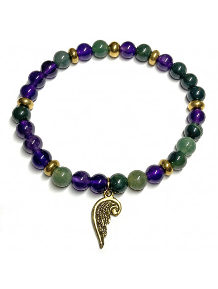 Bracelet Boules en Améthyste, Agate Mousse & Aile d'Ange doré