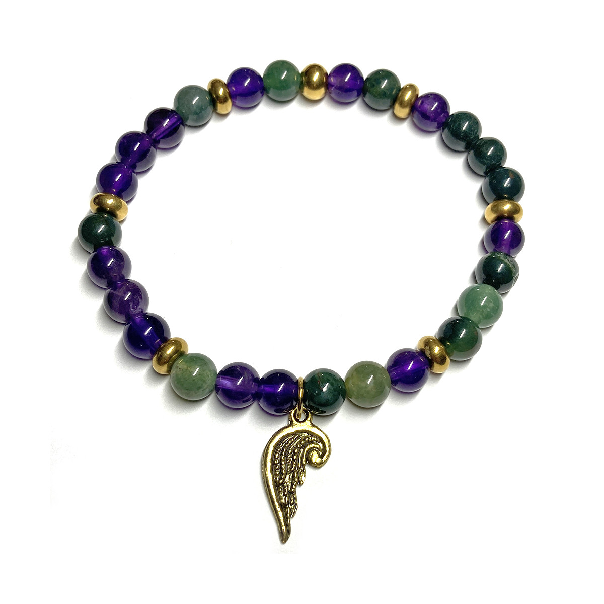Bracelet Boules en Améthyste, Agate Mousse & Aile d'Ange doré