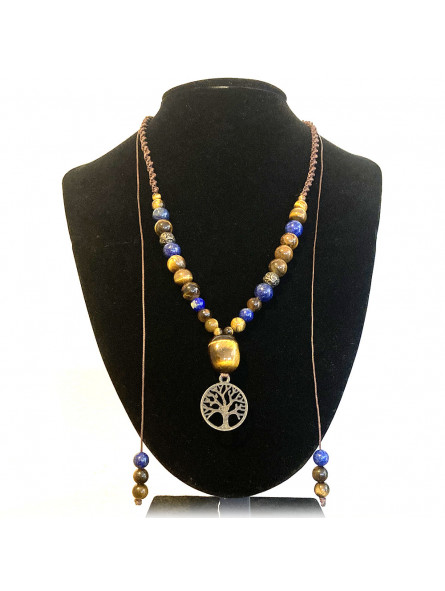 Collier micro macramé en Oeil de Tigre & Lapis Lazuli