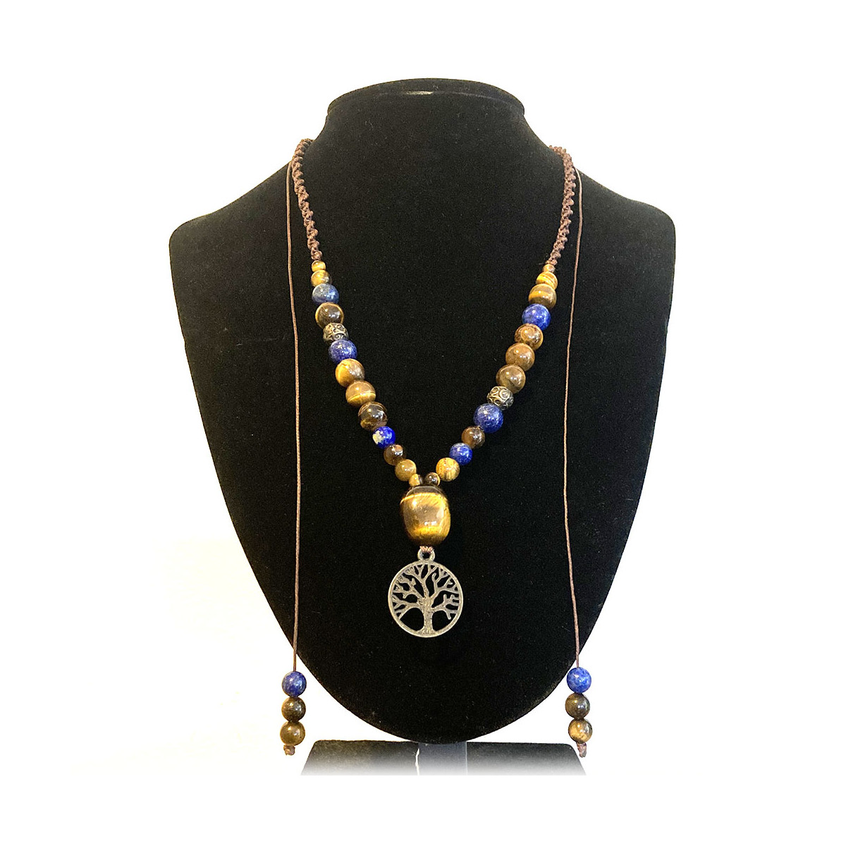 Collier micro macramé en Oeil de Tigre & Lapis Lazuli