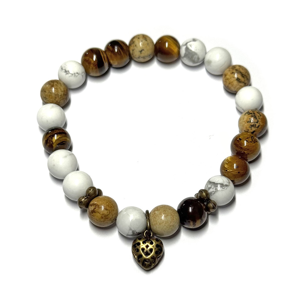 Bracelet boules en Jaspe Paysage, en Howlite & Œil de Tigre