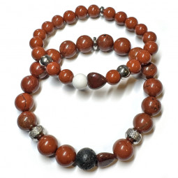 Bracelets Couple en Jaspe Rouge & Howlite ou Basalte