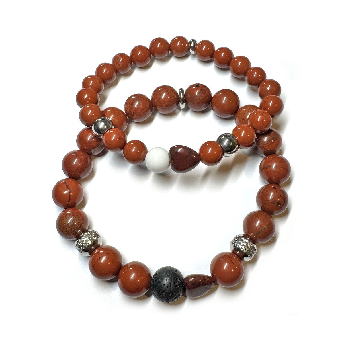 Bracelets Couple en Jaspe Rouge & Howlite ou Basalte