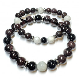 Bracelets Couple Boules Grenat, Pierre de Lune & Onyx