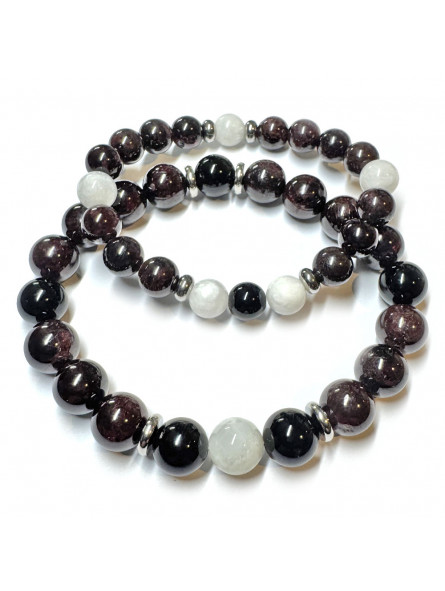 Bracelets Couple Boules Grenat, Pierre de Lune & Onyx