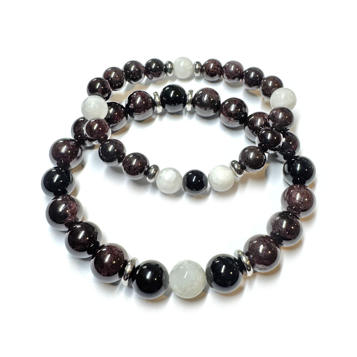 Bracelets Couple Boules Grenat, Pierre de Lune & Onyx