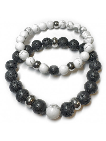 Bracelets Boules Yin & Yang pour Couple en Basalte & Howlite