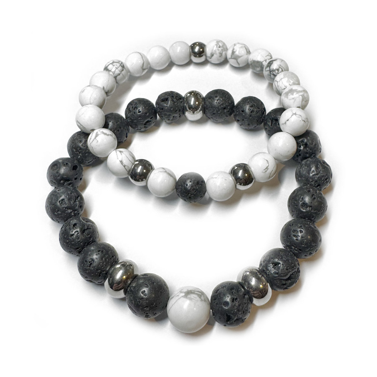 Bracelets Boules Yin & Yang pour Couple en Basalte & Howlite