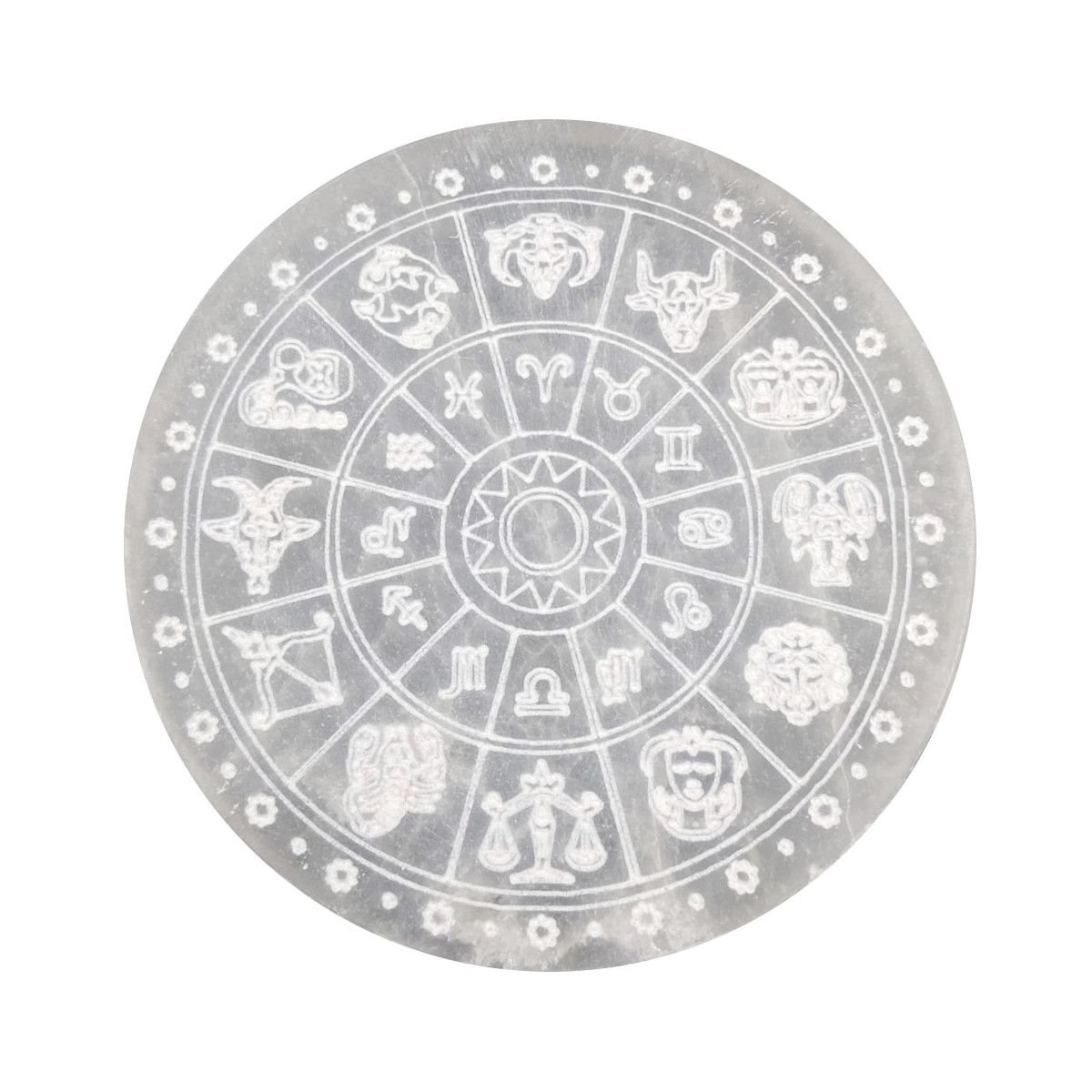 Palet en Sélénite de 10 cm avec Signes du Zodiaque